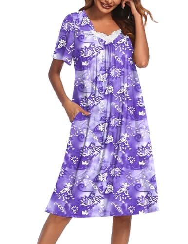 Ekouaer Nightgowns for Women House Dress Nightgown with Pockets Mumu Dress Floral Purple XXL - Image 1