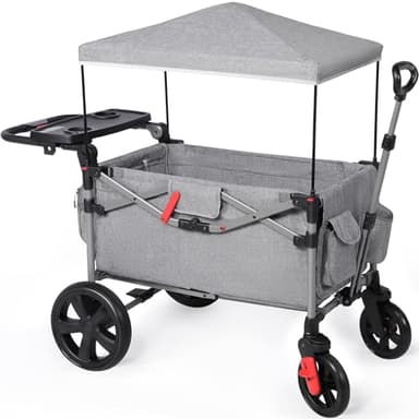 EVER ADVANCED Foldable Wagons for Two Kids & Cargo, Collapsible Folding Stroller with Adjustable Handle Bar,Removable Canopy with 5-Point Harness Gray - Image 1