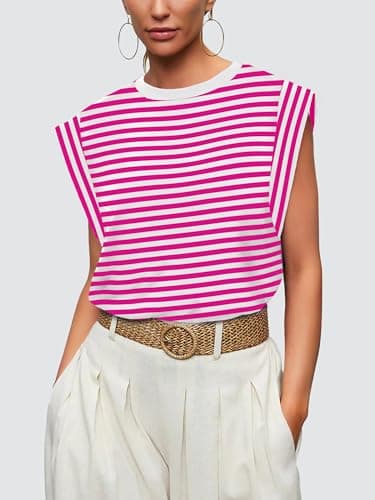 Cute Top for Women Summer Tops 2025 Casual Womens Tank Top Loose Fit Trendy 2025 Work Business Going Out Flowy T Shirts Cap Sleeve Sleeveless Basic Tee Tshirts Clothes Fuchsia Striped L - Image 2