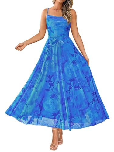BTFBM Women Summer Floral Maxi Dresses Elegant Spaghetti Strap Dress Printed Party Dress Beach Long Dresses(Floral Blue,Small) - Image 1