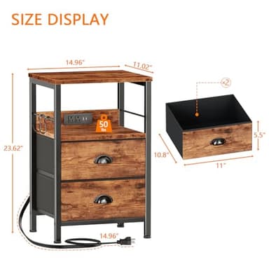 Furologee Nightstand Set of 2, Rustic Brown, with Charging Station and USB Ports, Side Tables with 2 Fabric Drawers, Bedside Tables with Storage Shelf & Hooks, for Living Room/Bedroom - Image 3
