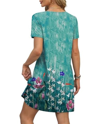 OFEEFAN Beach Vacation Clothes for Women Summer Dresses for Women 2025 Loose V Neck Swimsuit Coverup T Shirt Dress Sundresses with Pockets Floral 08 L - Image 4