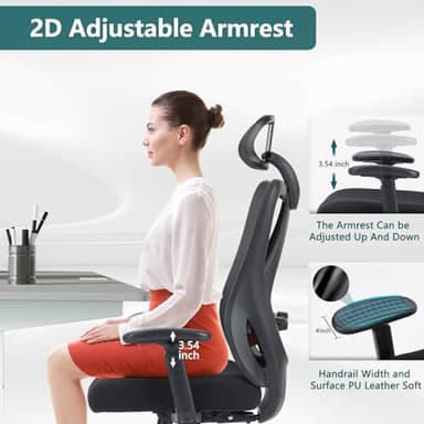 Home Office Desk Chair, Ergonomic Rolling Work Swivel High Back 135°Tilt Function Big and Tall Computer with Wheels, 2D Armrest Adjustable Lumbar Support & Headres, Modern Black - Image 7