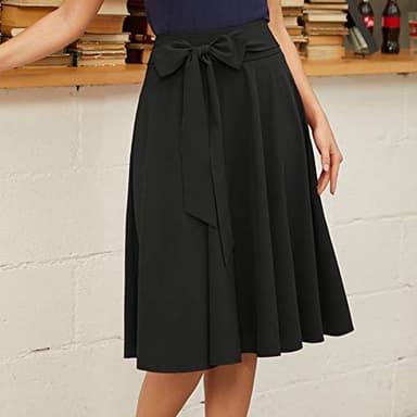 Women's High Waist A-Line Midi Skirt Pleated Pockets Skirts with Belt Black-1 Size XL - Image 2