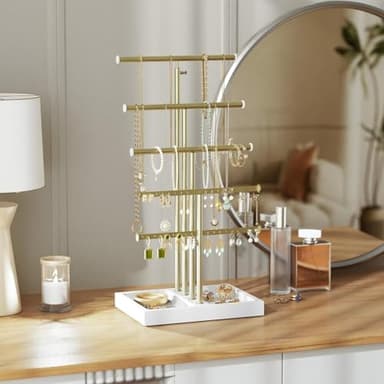 Love-KANKEI Jewelry Organizer Stand,5 Tier Large Necklace Holder with Wood Base,Jewelry holder stand Tree for Display,Bracelets Earrings Rings,Height Adjustable Gift White and Gold - Image 2