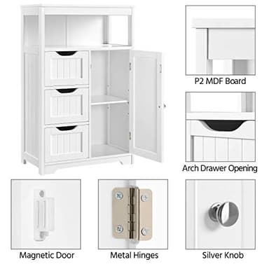 Yaheetech Bathroom Floor Cabinet Wooden Storage Organizer with 1 Door and 3 Drawers, Free-Standing Cupboard for Kitchen/Living Room/Bathroom Use, White - Image 6