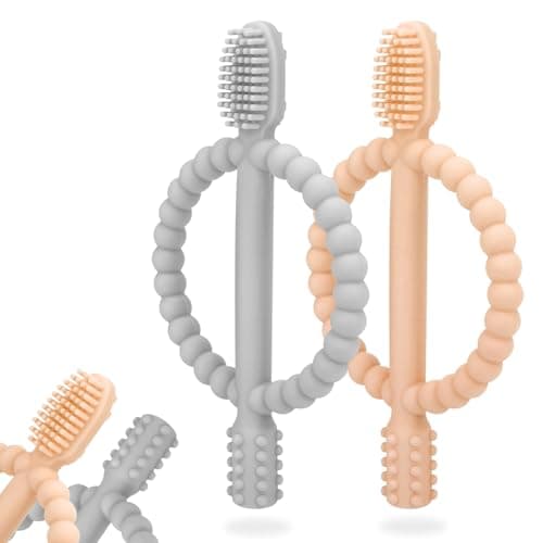 Baby Teething Toys with Easy-Hold Handle, Silicone Infant Toothbrush, Textured On Both Sides Helps Massage, Soothe Sore Gums, Teething Toys for Babies 0-6 Months, 6-12 Months Peach Powder & Gray - Image 1