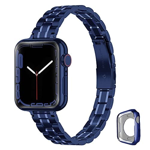 CSJCUBIC Metal band Compatible with Apple Watch Band 38mm 40mm 41mm 42mm 44mm 45mm for women, Slim and Thin Stainless Steel Replacement Adjustable Wristband for iWatch Series 7654321SE (Blue, - Image 1