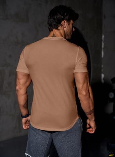 JMIERR Men's Muscle Shirt V Neck Slim Longline Short Sleeve Henley Shirt Gym Workout Athletic Tees Shirts Mens Tights for Sports,US 46(XL) A Brown - Image 3