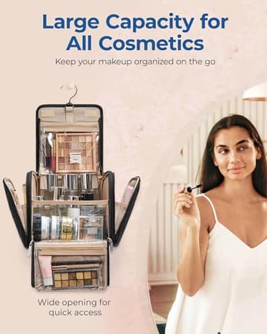 BAGSMART Makeup Bag for Women with Hanging Hook - Portable Cosmetic Case, Large Capacity Door Room Essentials Travel Organizer for Full Sized Cosmetics and Toiletries, Black - Image 3