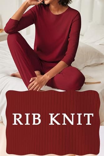 Ekouaer Womens Ribbed Knit Pajama Sets 2 Piece Jogger Pjs Long Sleeve Sleepwear Round Neck Soft Lounge Sets with Pockets Wine Red Large - Image 2