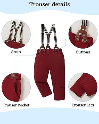 DISAUR Toddler Boy Wedding Outfits Short Sleeve White Flower Dress Shirt Bow Tie Suspender Christmas Red Plaid Pants Baptism Outfits For Boys 12 Months 1t 18 Months - Image 6