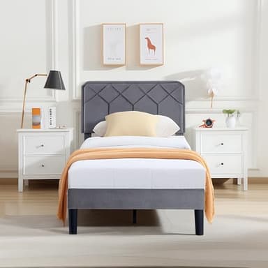 VECELO Twin Size Bed Frame, Velvet Upholstered Platform with Adjustable Headboard, Mattress Foundation with Solid Wood Slats, No Box Spring Needed, Easy Assembly - Image 5