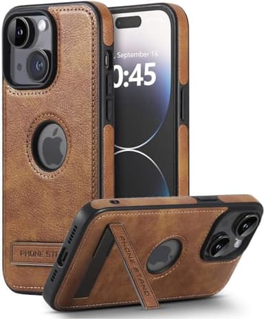 KSELF Leather Case for iPhone 13/14, Protective Slim with Kickstand, Built-in Invisible Stand, Compatible with iPhone 13/14 6.1'' (Brown) - Image 1