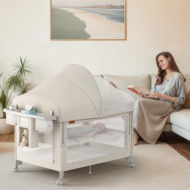 TinyGlow 4 in 1 Baby Bassinet, Pack and Play, Bedside Crib Sleeper, Diaper Changer, Quickly Assembled and Folded Portable Crib with Mattress and Mosquito Net, Easy to Carry - Image 2