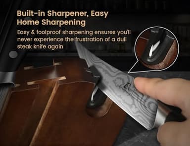 CoquusAid Steak Knives Set of 8 with Block Built-in Sharpener, 4.8 Inch Non Serrated Razor-Sharp Durable Dinner Knives, German Stainless Steel Damascus Pattern Full Tang Forged, Easy to Maintain - Image 3