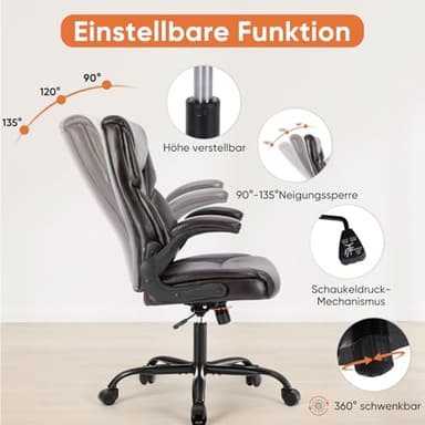 Sweetcrispy Computer Gaming Chair, Ergonomic High Back Heavy Duty Task Desk Office Chairs with Wheels, Flip-up Arms, Adjustable Height, PU Leather, Brown - Image 4
