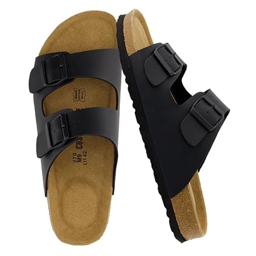 CUSHIONAIRE Lane Cork Footbed Mens Sandals, Adjustable Buckle Comfort Slides for Men, Genuine Leather Insole Summer Sandals Men Footwear, BLACK 9 - Image 1