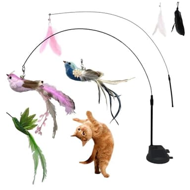Pawdea 9PCS Flying Bird Cat Toy Set, Interactive Cat Toys with 2 Flexible Wands & Strong Suction Base, 3 Natural Bird Feather Attachments & Bell, Fun Play for Indoor Kittens, Engaging Toy Set - Image 1