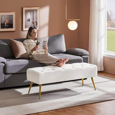 Yaheetech Modern Ottoman Bench Boucle Bench Upholstered Footrest for Living Room with Gold Metal Legs and Padded Seat Ivory - Image 4