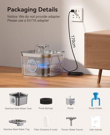 Stainless Steel Cat Water Fountain for Drinking with 3 Filters, 2.8L Auto Pet Drinking Fountain for Cats with 20dB Ultra-Quiet Pump, 24/7 Circulation Filtration LED Water Level Window Dishwasher Safe - Image 8