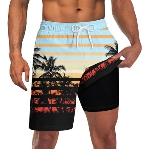 UNICOMIDEA Men's Beach Shorts with Compression Liner Youth Big Tall Board Shorts Orange Blue Stripes Men Swim Trunks Quick Dry 9 Inch Bathing Suits Man Tropic Palm Swimwear 4XL - Image 1