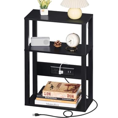 YUFAM 3-Tier Small Narrow Wood Side Table with Charging Station, Skinny Nightstand for Small Space, Slim Bedside Table with Storage for Couch, Thin End Table with USB Ports and Outlets, Black - Image 8