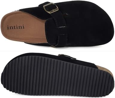 Suede Leather Clogs for Womens Mens Slip on Mules Antislip Cork Sandals with Arch Support Black - Image 4