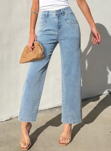 Sidefeel Wide Leg Jeans for Women High Waisted Stretchy Jeans Straight Leg Zimbaplatinum Ankle Denim Pants with Slant Pockets Light Blue Size 12 - Image 3