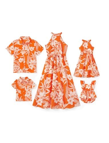 PATPAT Family Hawaiian Matching Outfits with Baby Mommy and Me Beach Dresses Tropical Floral Palm Leaf Print Halter Neck Hawaiian Sundress Boho Vacation Orange Romper Dress for Baby Girl 9-12 Months - Image 1