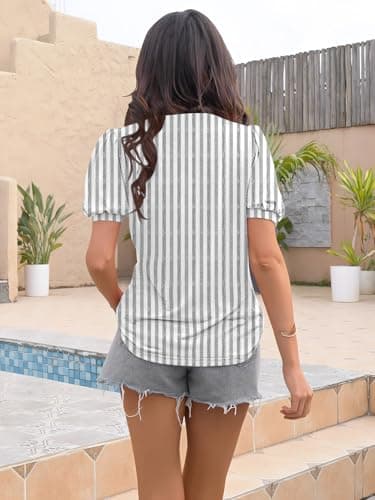 ETCYY Womens Shirts Dressy Casual Short Sleeve 2025 Summer Tops Spring V Neck Button Down Pleated Ladies Tunic Blouses,Striped Black,Medium - Image 5
