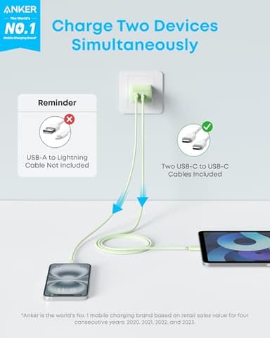 Anker iPhone 17/16 Charger, 2-Pack 20W Fast USB C Charger Block, for iPhone 17/16/16 Pro Max/15 Series/iPad Pro and More (Green, 2 Pack & 2 Cable) - Image 2