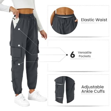 COPYLEAF Womens Parachute Cargo Pants with Pockets Quick Dry Hiking Pants Lightweight Water-Resistant Baggy Joggers(Grey L) - Image 5