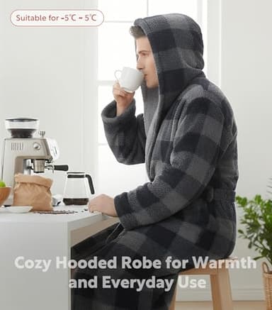 DAVID ARCHY Mens Robe with Hood, Soft Cotton Fleece Hooded Mens Bathrobe(L, Blue Grey Check) - Image 4