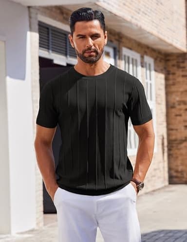 COOFANDY Men's Casual Crewneck Sweater Knitted T Shirts Formal Summer Shirts Black - Image 2