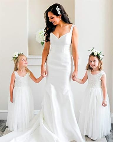 2Bunnies Girl Peony Lace Back A-Line Straight Tutu Tulle Party Flower Girl Dress (White Sleeveless Maxi, 7/8) - Image 2