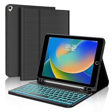BORIYUAN iPad 10.2 inch Case with Keyboard, Detachable Bluetooth Keyboard with 7 Color Backlit, Slim Folio Smart Cover with Pencil Holder for iPad 9th/8th/7th Gen/iPad Pro 10.5"/iPad Air 3rd Gen Black - Image 1