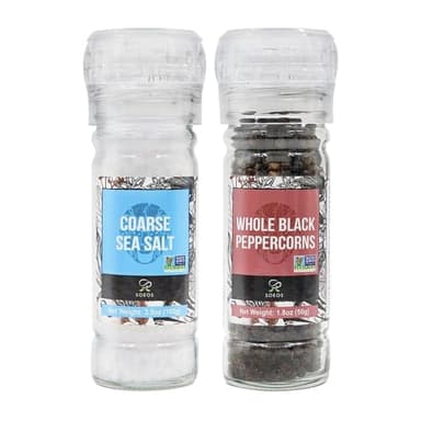 Soeos Sea Salt 3.5 oz + Black Peppercorns 1.8 oz, Salt for Grinder Refill, Salt and Peppercorns, Pepper Grinder Refill, Non-GMO Spice Seasoning Set For Cooking (150g Grinders, Glass Bottle) - Image 1