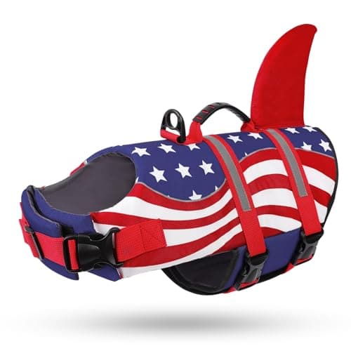 Queenmore Shark Dog Life Vest for Swimming, Pet Life Vests for Boating, High Buoyant DogLife Jacket, Ripstop High Flotation Swimsui for Small, Medium, Large Dogs (USA Flag,M) - Image 1