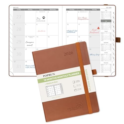 POPRUN Monthly Planner 2025-2026 (Medium- 6.5'' x 8.5'' Soft Cover), 18-Month Calendar Book (Jul.2025-Dec.2026), Calendar Planner with Monthly Tabs & Pocket, 100 GSM Paper - Brown - Image 1