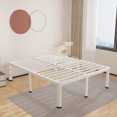 ROIL 14 Inch White Queen Bed Frame with Rounded Corner and Headboard Hole Mattress Retainers 3500LBS Heavy Duty Steel Slats No Box Spring Needed Platform Noise-Free Easy Assembly - Image 1