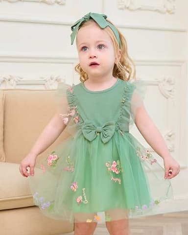 Renotemy Infant Baby Girl Tulle Tutu Dress Green Embroidery Sleeveless Boho Fairy Baptism Princess Wedding Birthday Party Dresses for Baby Girls with Flower Headband 6-12 Months - Image 3