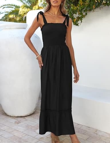 ZESICA Women's 2025 Summer Boho Spaghetti Strap Square Neck Solid Color Ruffle A Line Beach Long Maxi Dress,Black,Medium - Image 2