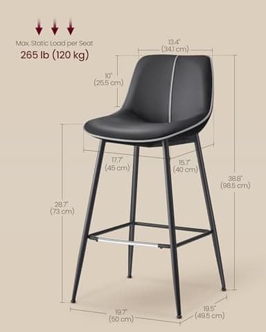 VASAGLE Bar Stools Set of 2, Bar Height Bar Stools with Back, Ergonomic Backrest, Synthetic Leather, Metal Legs, 28.7-Inch Tall Barstools for Kitchen Island Home Bar, Easy Assembly, Ink Black - Image 6