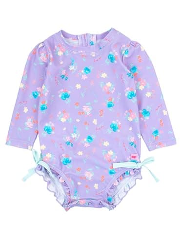 RuffleButts Baby Girls UPF 50+ Sun Protection Floral Printed Long Sleeve One Piece Rash Guard Swimsuit with Zipper - Purple Garden, 18-24m - Image 1