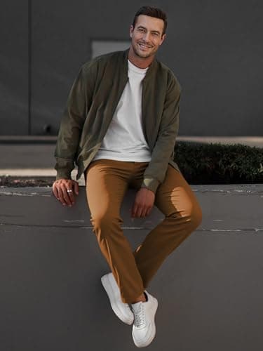 JMIERR Men's Stretch Chino Pants Business Casual Essentials Elastic Waist Classic Fit Tapered Cotton Twill Work Athletic Golf Dress Trousers, M, Camel Brown - Image 6