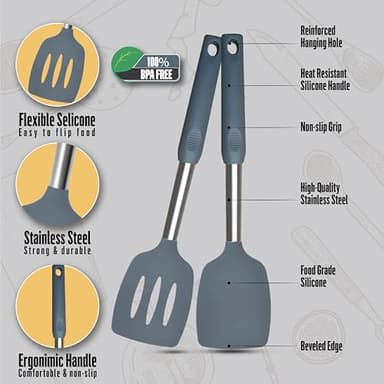 NAMAPRODX Silicone Spatulas set for kitchen use : Heat Resistant Turner & Slotted Silicone Spatula for Cooking, Non Toxic Kitchen Utensils, Ideal kitchen spatula turner for Eggs & Pancakes (Gray) - Image 7