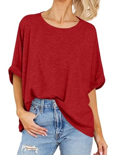 Women Oversized T-Shirt Summer Casual Short Sleeve Loose Tee Tops Dark Red - Image 2