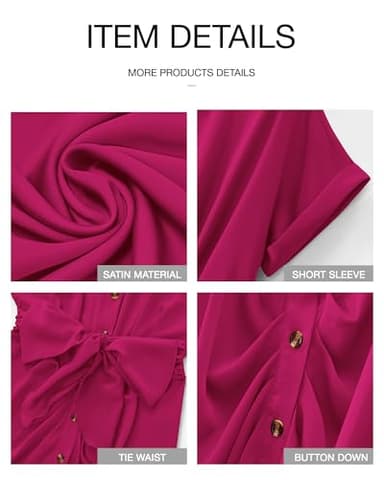 BTFBM Women Button Down Ruched Shirt Dresses Satin Short Sleeve Lapel V Neck Summer Maxi Dress 2025 Party Wedding Guest(Rose Red, Small) - Image 6