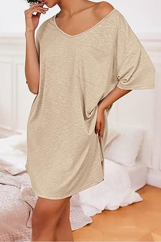 Ekouaer Womens Tshirt Nightgown Cotton V Neck Sleepshirts Comfy Casual Nightshirt for Women, Khaki, X-Large - Image 3